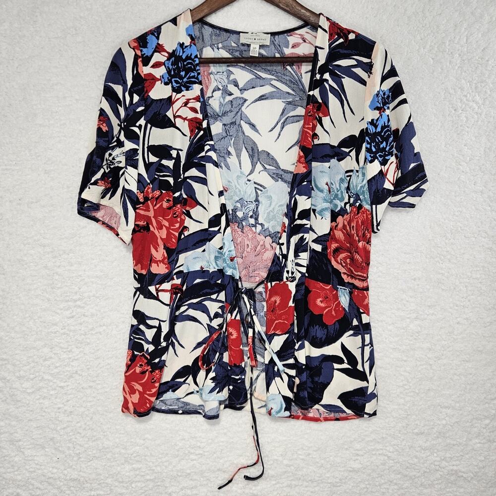 Lucky Brand Tropical Floral Wrap Around Short Sleeve Blouse Women's Small Resort